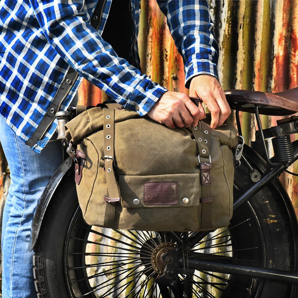 Oxford Heritage Motorcycle Panniers Khaki OL578 Lifestyle 1