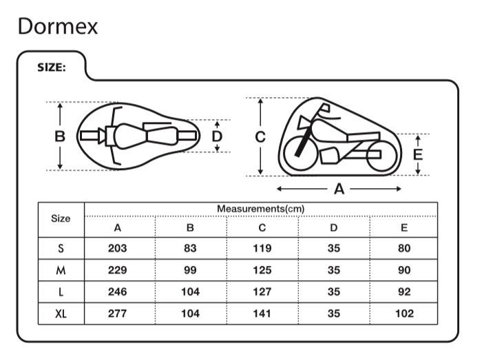 Oxford Dormex Indoor Cover Size Guide