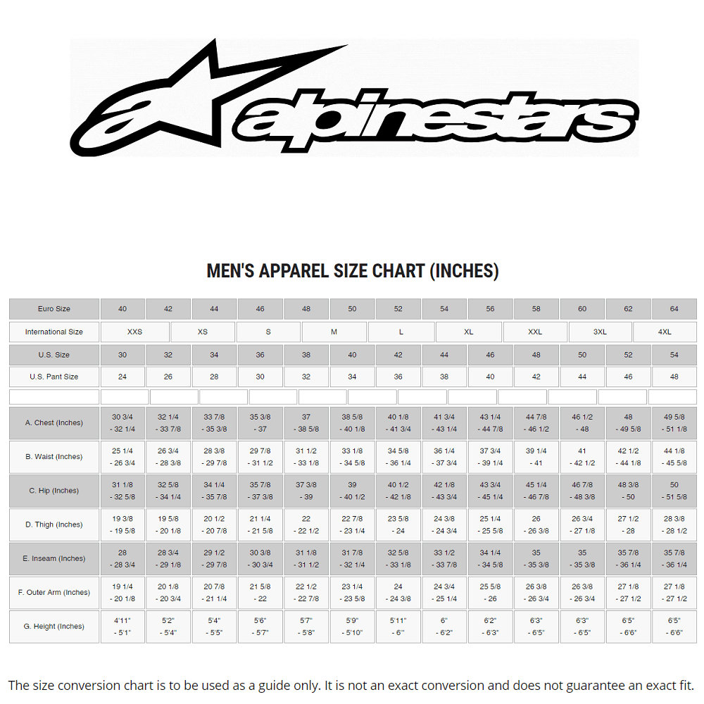 Alpinestars Mens Motorcycle Clothing Size Guide