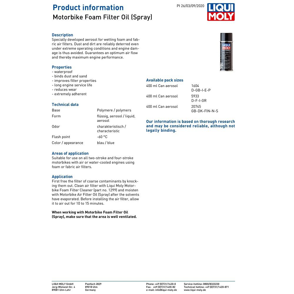 Liqui Moly Foam Motorcycle Filter Spray LQM1604 2