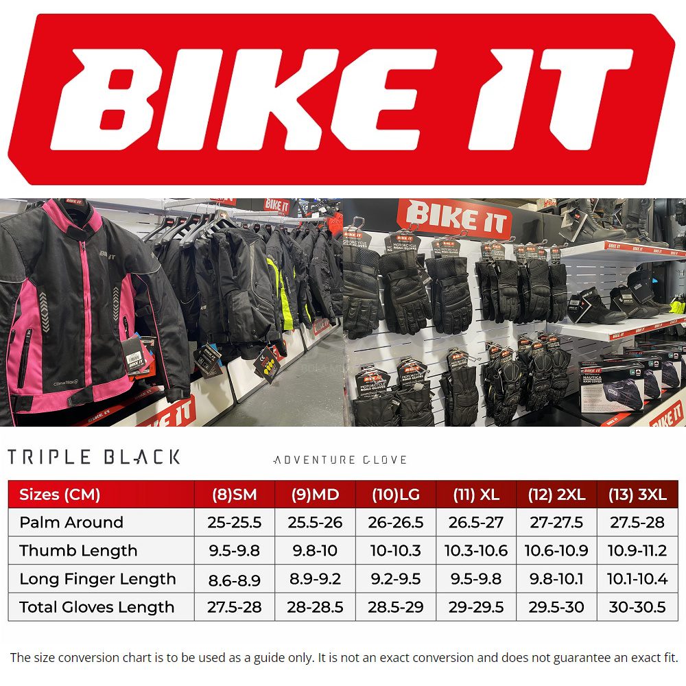 Bike It Triple Black Motorcycle Gloves Size Guide