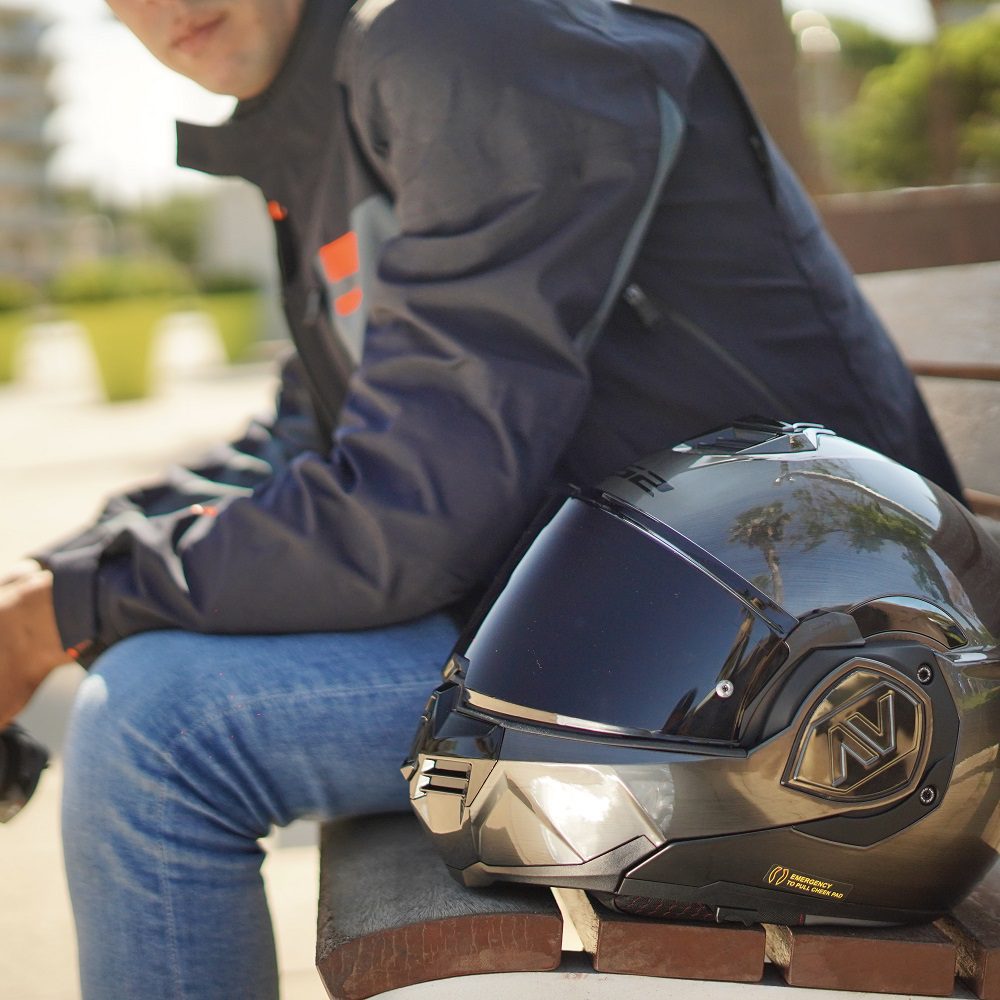 LS2 Titanium Motorcycle Jacket Blue Orange Lifestyle 3