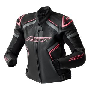 RST S1 D3O Ladies Leather Motorcycle Jacket Black Flo Pink 1