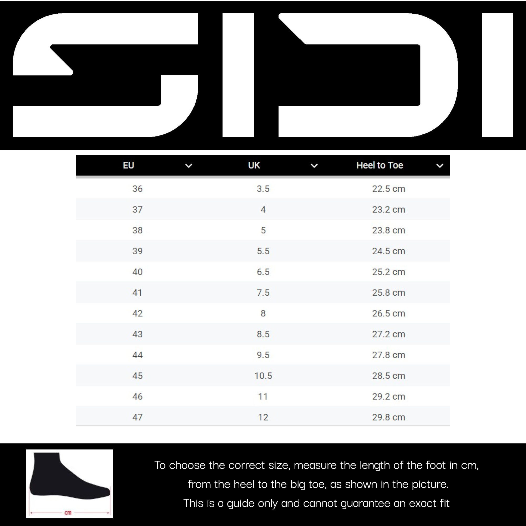 Sidi Motorcycle Boots Size Guide