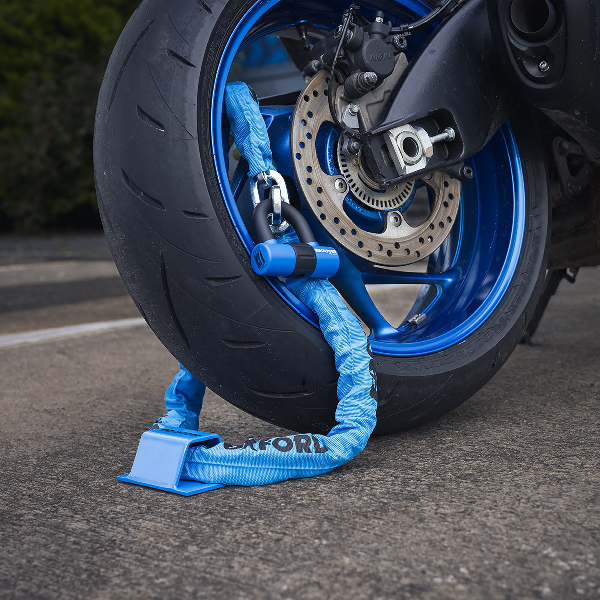 Oxford Brute Force Motorcycle Ground Anchor Blue Lifestyle 1