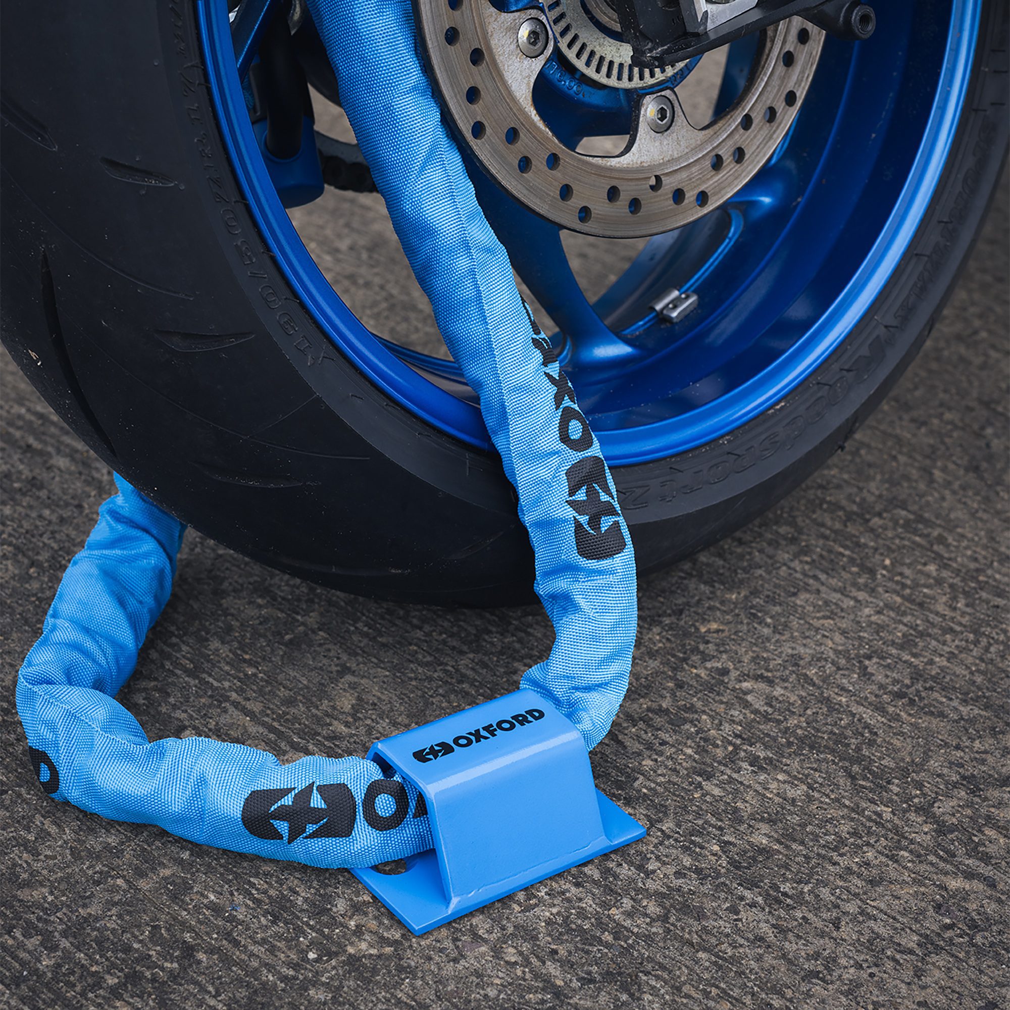 Oxford Brute Force Motorcycle Ground Anchor Blue Lifestyle 2